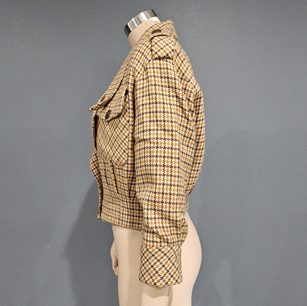 ATELIER SAB Women Wool Houndstooth Cream Brown Orange Cropped Jacket M/L - Picture 5 of 10